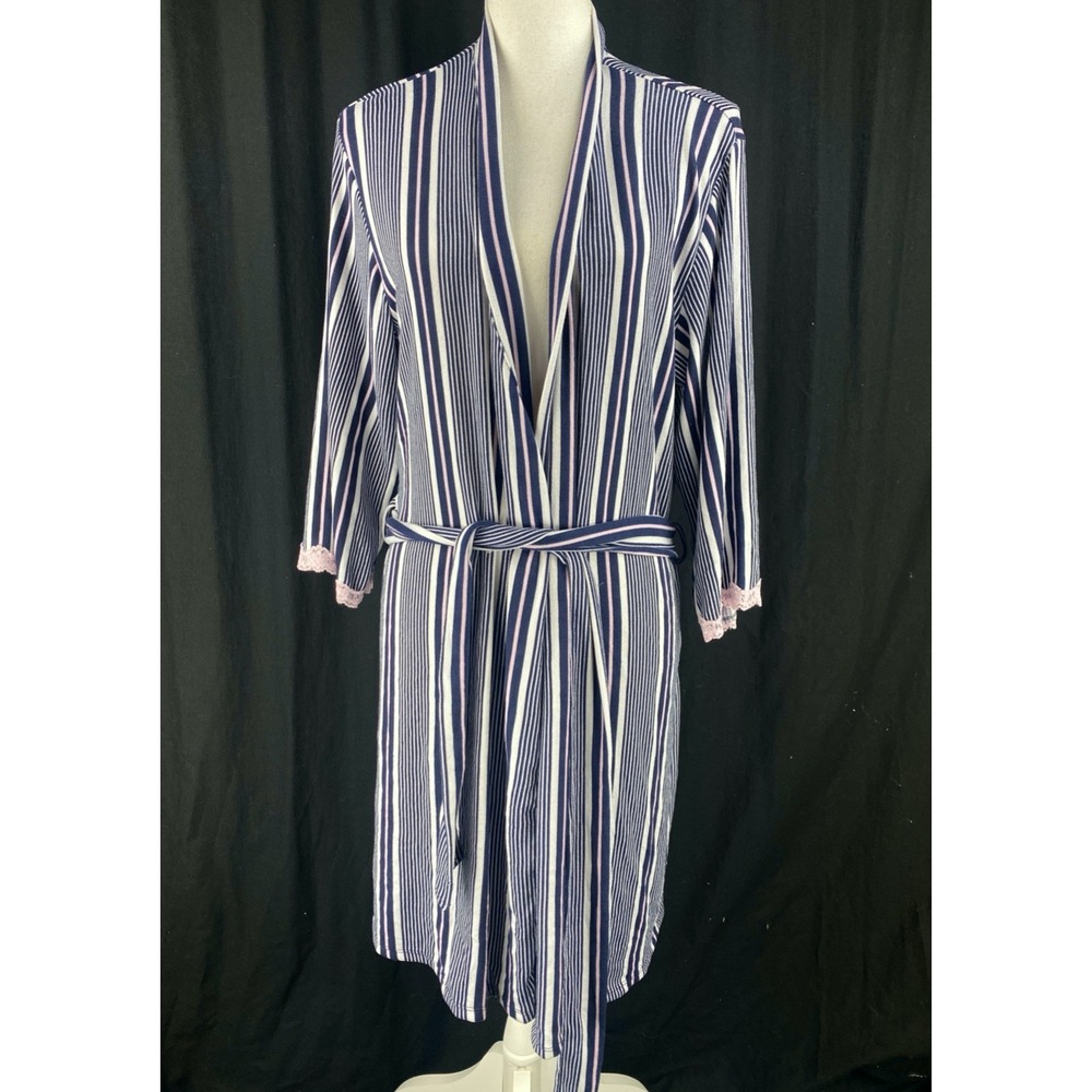 Laura Ashley Womens L Vtg 80s Soft Lace Trim Striped Belted Robe Intimate